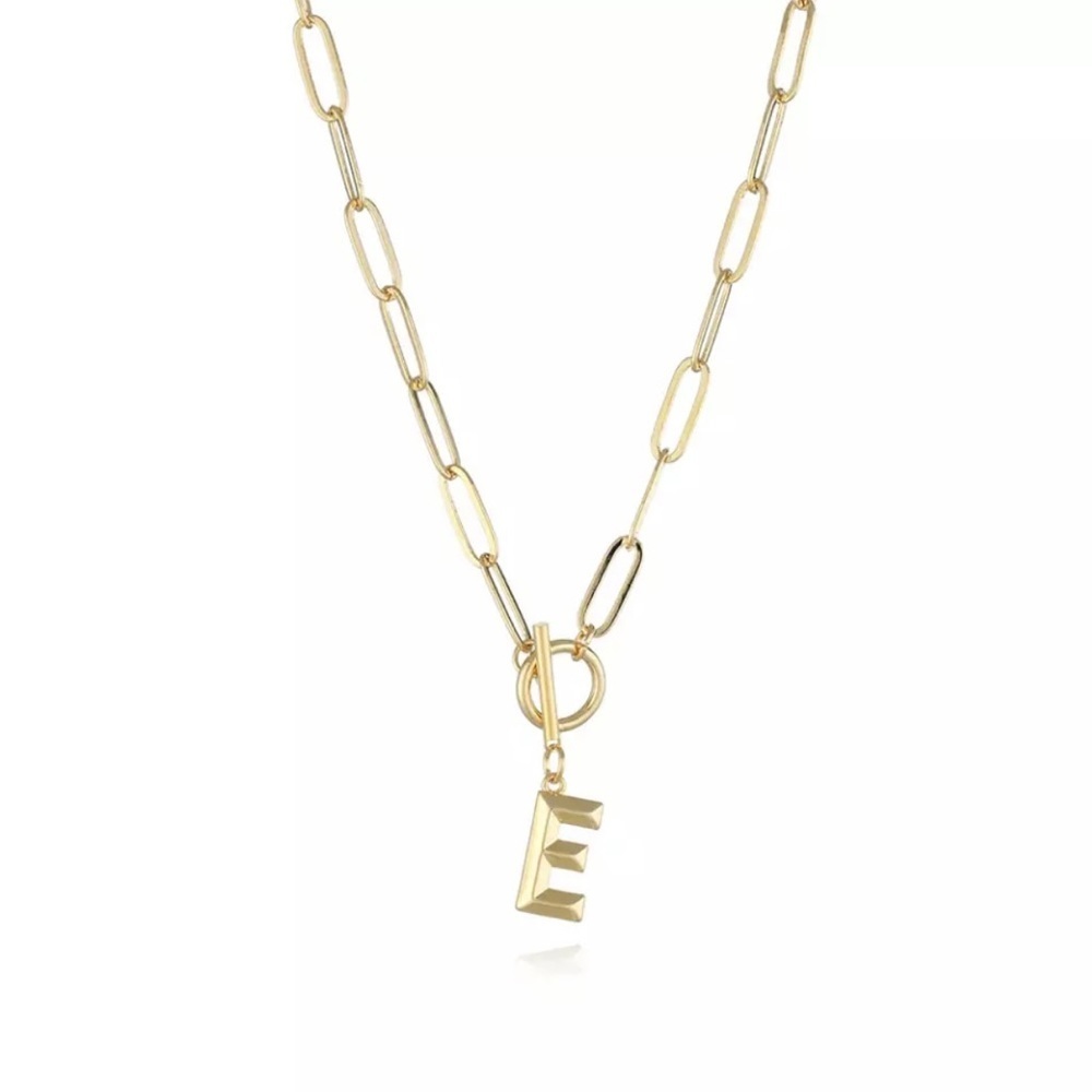 Paperclip Chain Gold Initial Letter Necklace Charm E